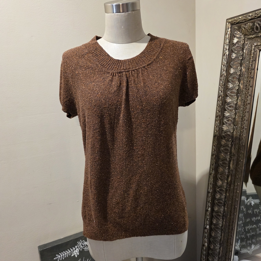 Vintage 80's Kasper • Silk Blend Brown Short Sleeve Sweater.  Sz Large